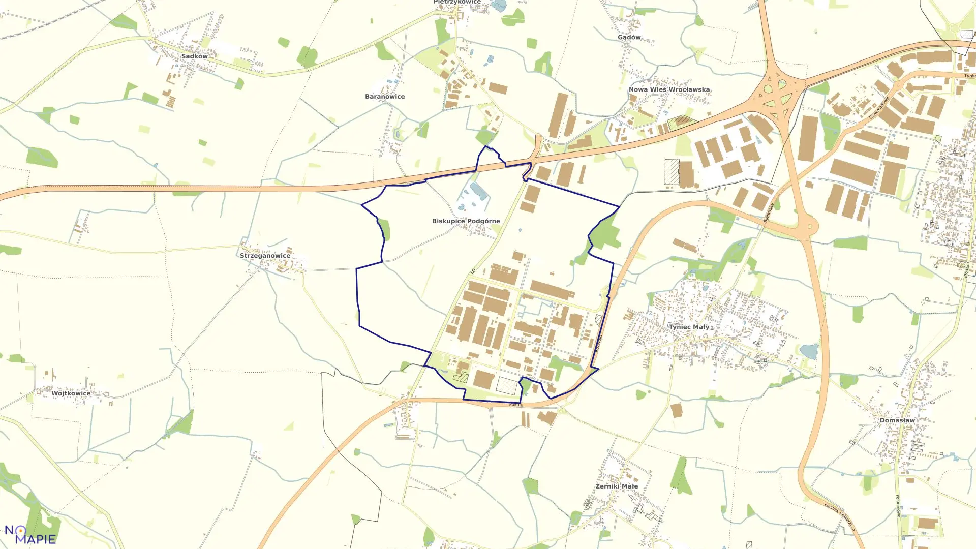 Mapa obrębu Biskupice Podgórne w gminie Kobierzyce
