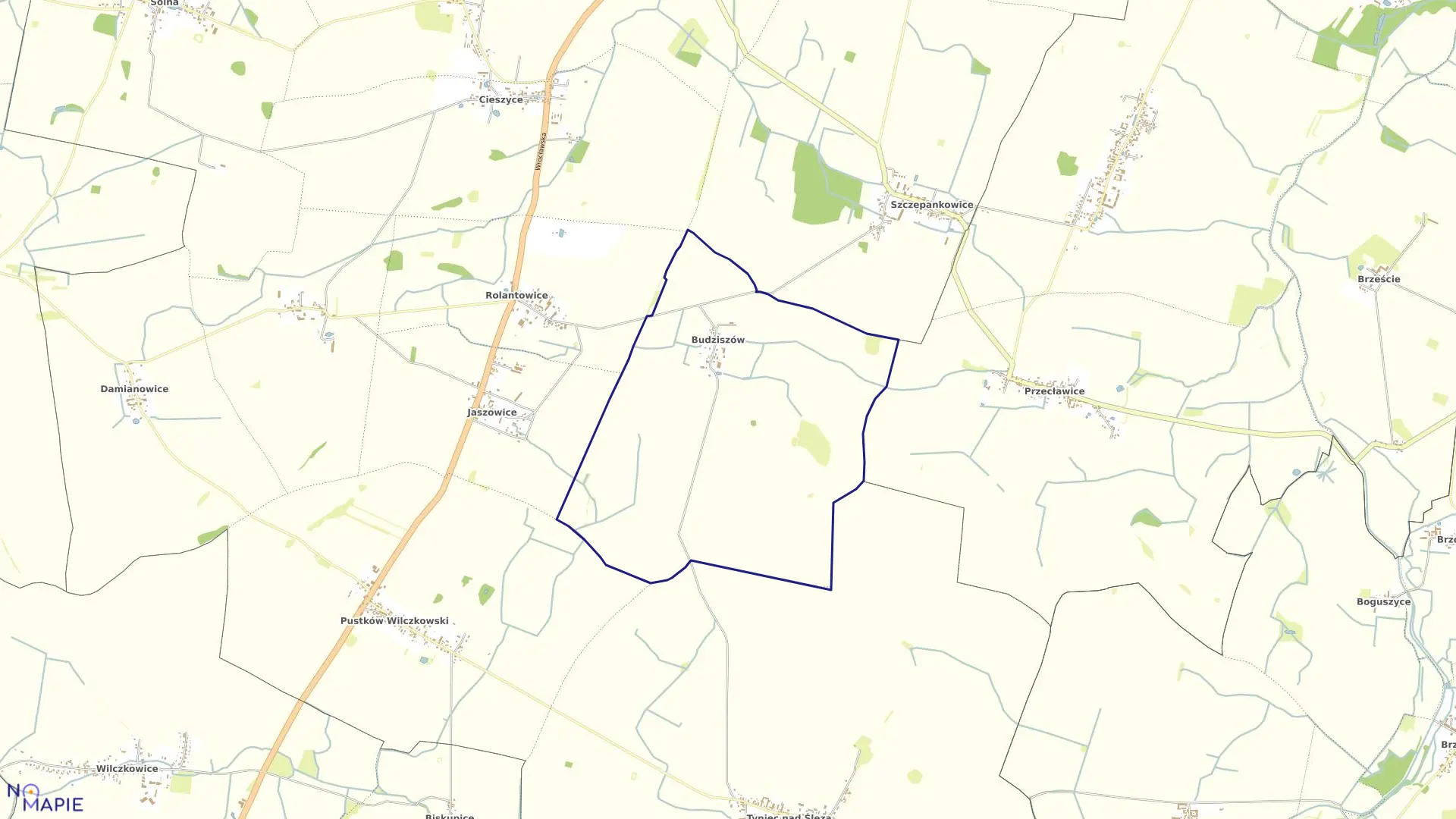 Mapa obrębu Budziszów w gminie Kobierzyce