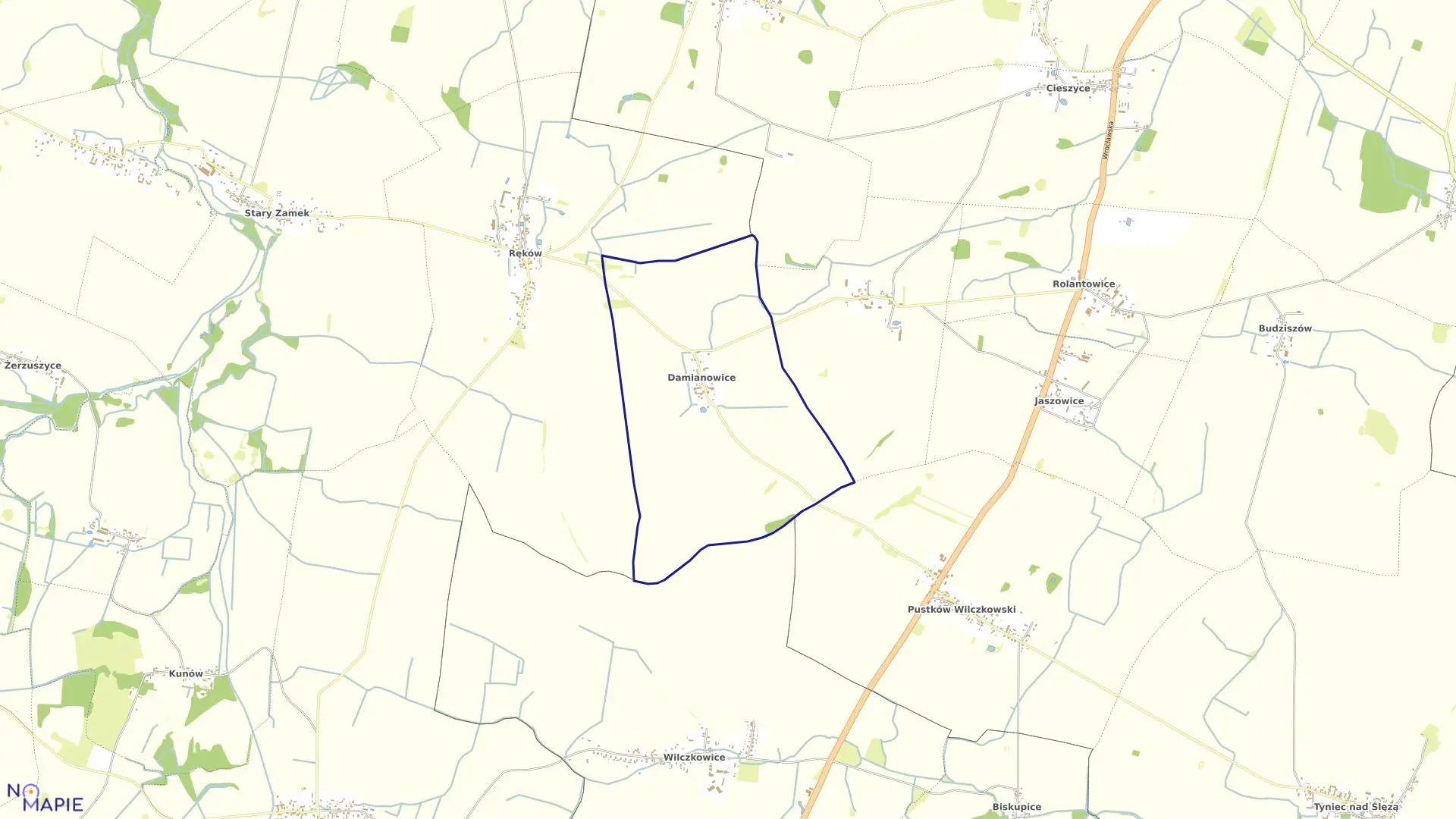 Mapa obrębu Damianowice w gminie Kobierzyce